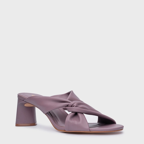 Open Mule Twist Salto Bloco Couro Roxo Dusty Mauve