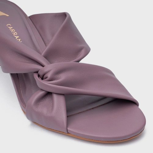 Open Mule Twist Salto Bloco Couro Roxo Dusty Mauve
