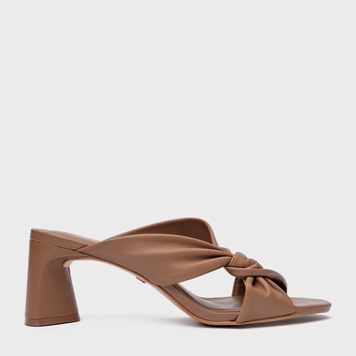 Open Mule Twist Salto Bloco Couro Marrom Gingerbread