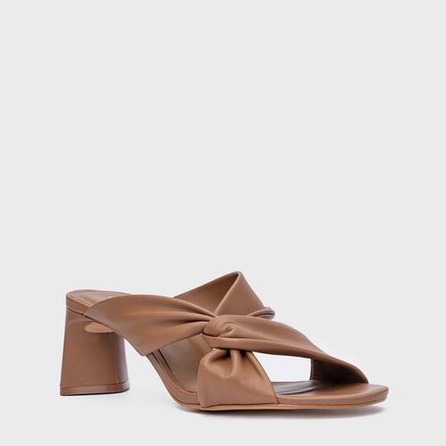 Open Mule Twist Salto Bloco Couro Marrom Gingerbread