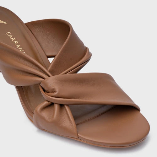Open Mule Twist Salto Bloco Couro Marrom Gingerbread