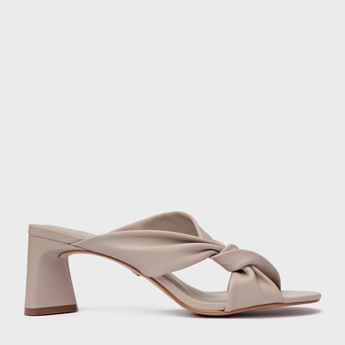 Open Mule Twist Salto Bloco Couro Bege Oatmeal