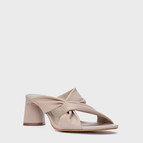 Open Mule Twist Salto Bloco Couro Bege Oatmeal