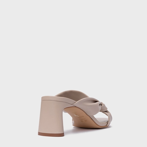 Open Mule Twist Salto Bloco Couro Bege Oatmeal