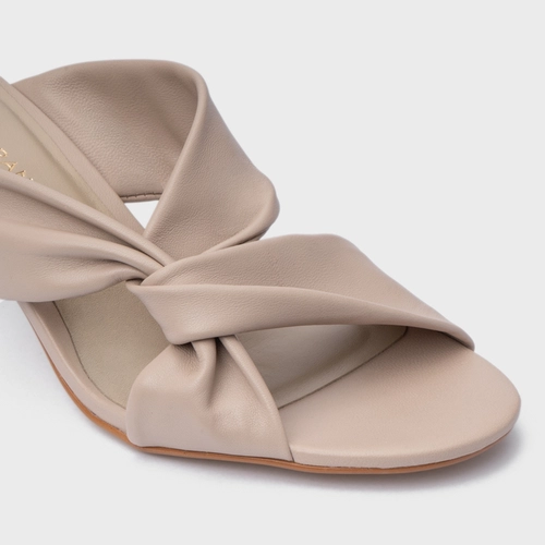 Open Mule Twist Salto Bloco Couro Bege Oatmeal
