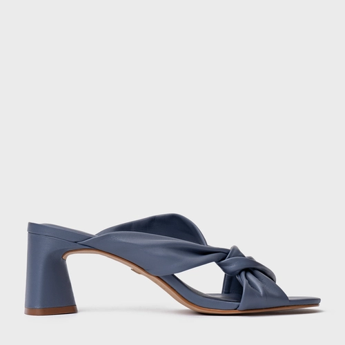 Open Mule Twist Salto Bloco Couro Azul Steel