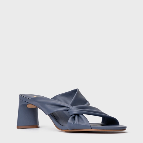 Open Mule Twist Salto Bloco Couro Azul Steel