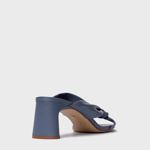Open Mule Twist Salto Bloco Couro Azul Steel