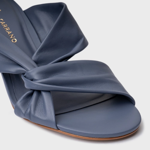 Open Mule Twist Salto Bloco Couro Azul Steel