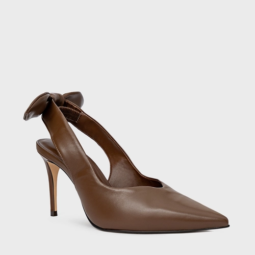Scarpin Slngback Laço Salto Fino Couro Marrom Ganache