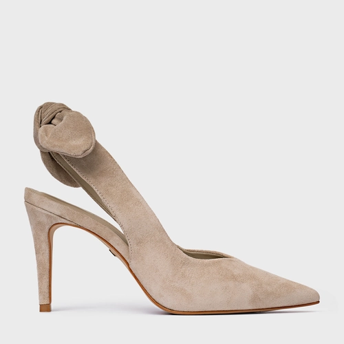 Scarpin Slngback Laço Salto Fino Couro Suede Bege Oatmeal