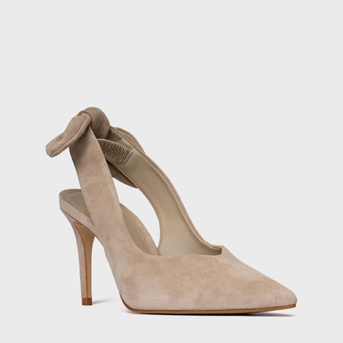 Scarpin Slngback Laço Salto Fino Couro Suede Bege Oatmeal