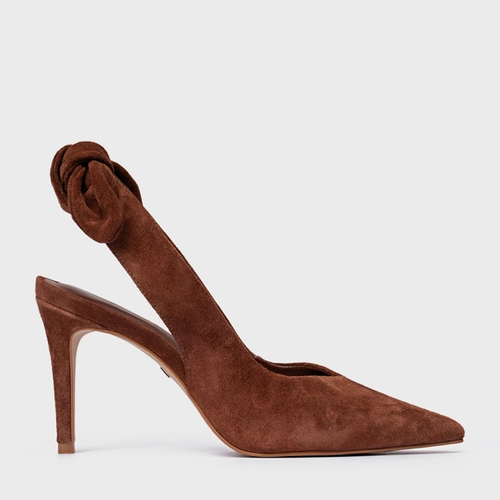 Scarpin Slngback Laço Salto Fino Couro Suede Marrom Walnut