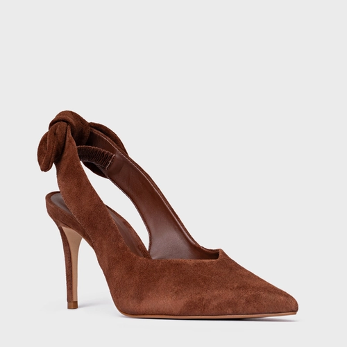 Scarpin Slngback Laço Salto Fino Couro Suede Marrom Walnut