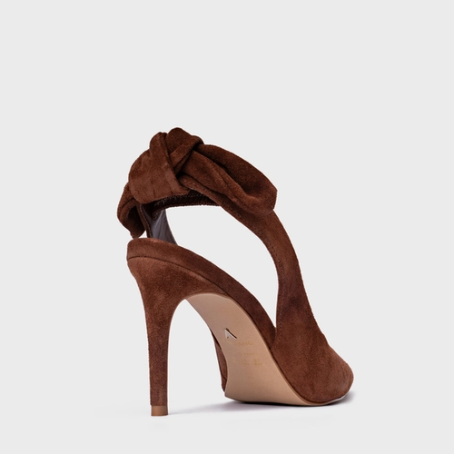 Scarpin Slngback Laço Salto Fino Couro Suede Marrom Walnut