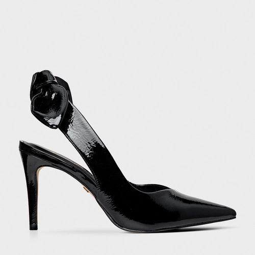 Scarpin Slngback Laço Salto Fino Couro Verniz Preto