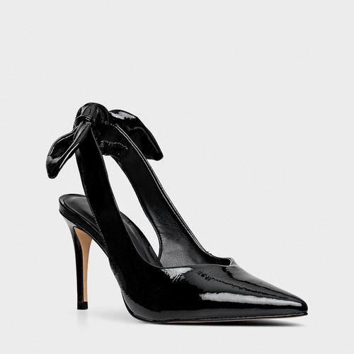 Scarpin Slngback Laço Salto Fino Couro Verniz Preto