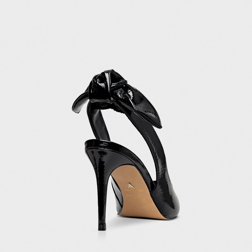 Scarpin Slngback Laço Salto Fino Couro Verniz Preto