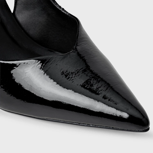 Scarpin Slngback Laço Salto Fino Couro Verniz Preto