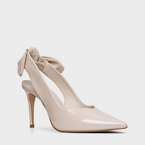 Scarpin Slngback Laço Salto Fino Couro Verniz Off White Vanilla