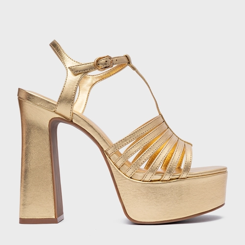 Sandália Plataforma Strappy Couro Metalizado Dourado