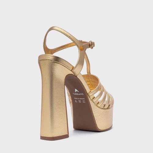 Sandália Plataforma Strappy Couro Metalizado Dourado