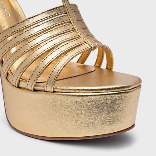 Sandália Plataforma Strappy Couro Metalizado Dourado