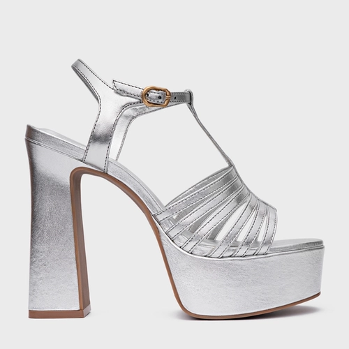 Sandália Plataforma Strappy Couro Metalizado Prata
