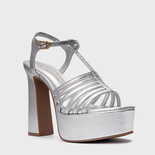 Sandália Plataforma Strappy Couro Metalizado Prata