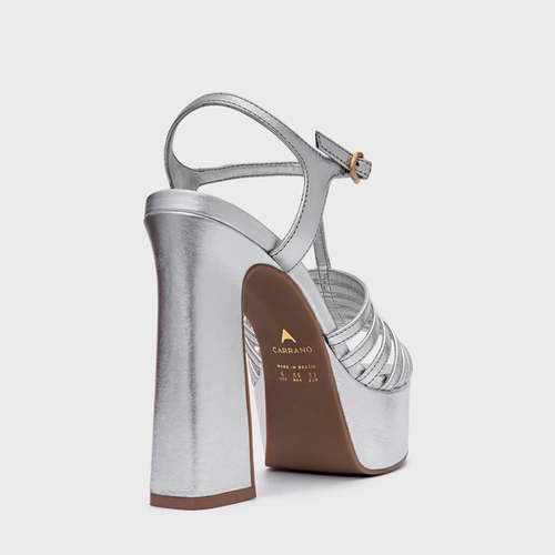 Sandália Plataforma Strappy Couro Metalizado Prata