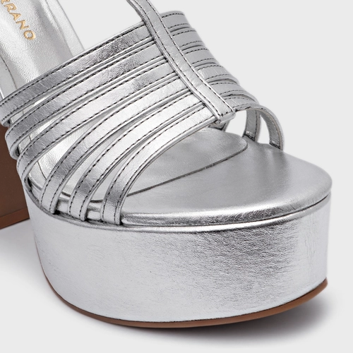 Sandália Plataforma Strappy Couro Metalizado Prata