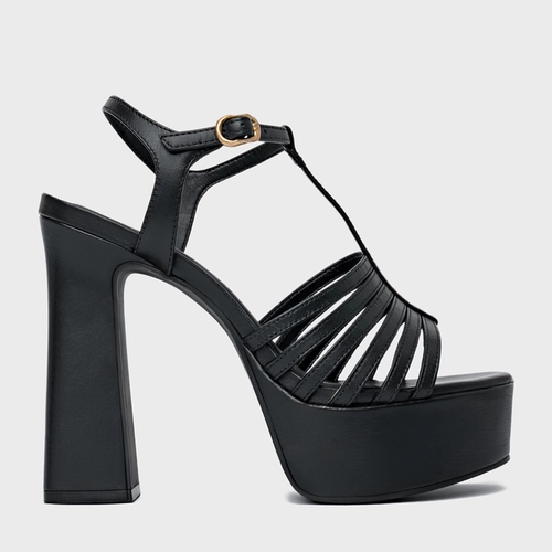 Sandália Plataforma Strappy Couro Preto
