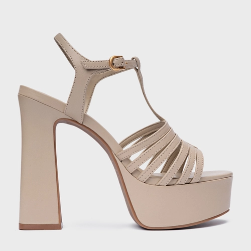 Sandália Plataforma Strappy Couro Bege Oatmeal