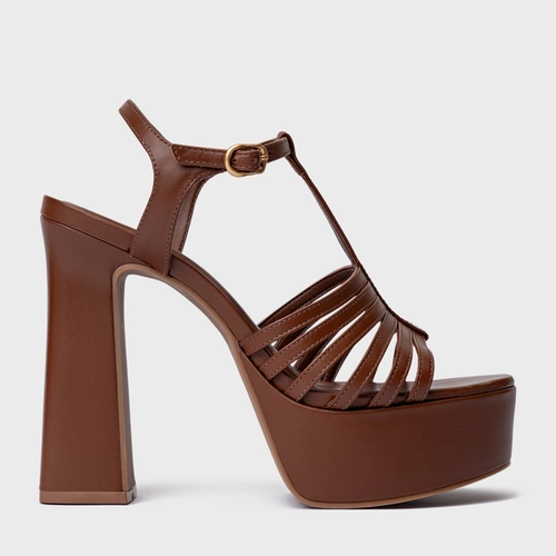 Sandália Plataforma Strappy Couro Marrom Walnut
