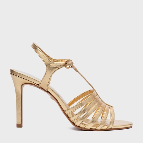 Sandália Strappy Salto Fino Couro Metalizado Dourado