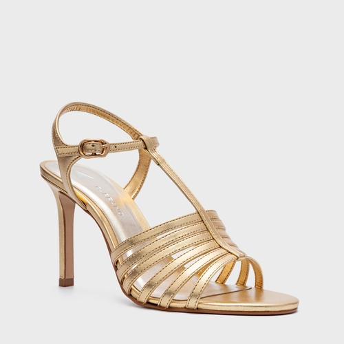 Sandália Strappy Salto Fino Couro Metalizado Dourado
