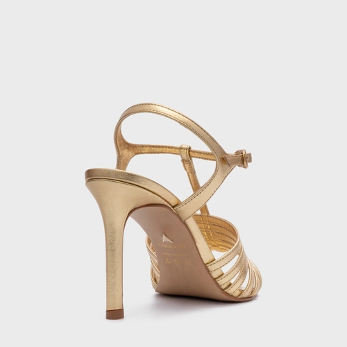 Sandália Strappy Salto Fino Couro Metalizado Dourado