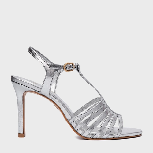 Sandália Strappy Salto Fino Couro Metalizado Prata