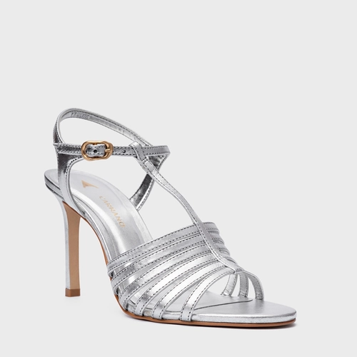 Sandália Strappy Salto Fino Couro Metalizado Prata