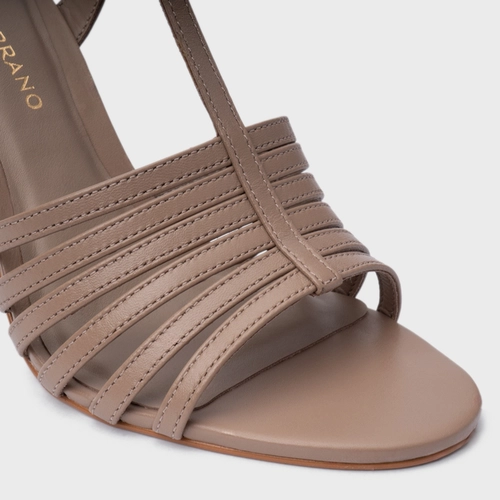 Sandália Strappy Salto Fino Couro Bege Beaver