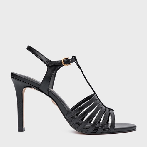 Sandália Strappy Salto Fino Couro Preto