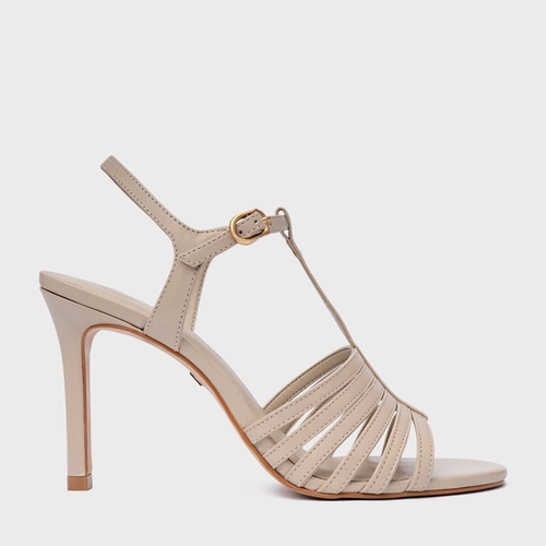 Sandália Strappy Salto Fino Couro Bege Oatmeal