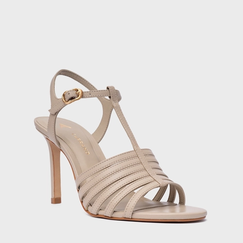 Sandália Strappy Salto Fino Couro Bege Oatmeal