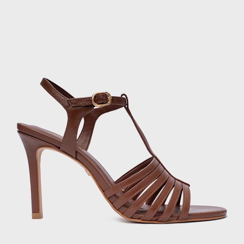 Sandália Strappy Salto Fino Couro Marrom Walnut