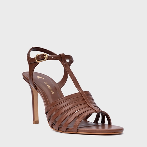 Sandália Strappy Salto Fino Couro Marrom Walnut