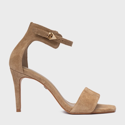 Sandália Minimalist Salto Fino Couro Suede Bege Almond