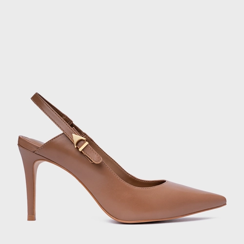 Scarpin Slingback Minimalist Salto Fino Couro Marrom Gingerbread