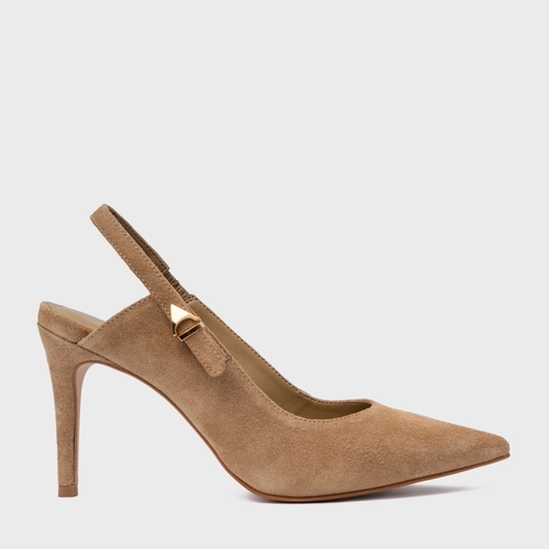 Scarpin Slingback Minimalist Salto Fino Couro Suede Bege Almond