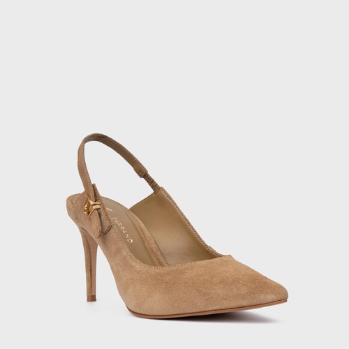 Scarpin Slingback Minimalist Salto Fino Couro Suede Bege Almond