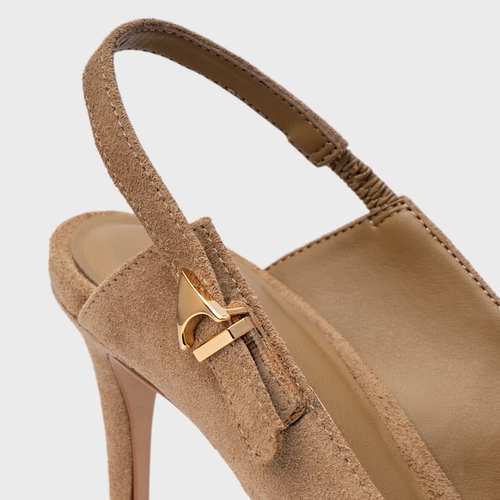 Scarpin Slingback Minimalist Salto Fino Couro Suede Bege Almond